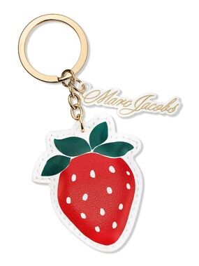 Marc Jacobs Red Strawberry Leather Keychain with Green Leaves & Gold Logo